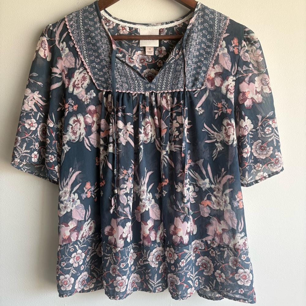 Knox Rose Boho Floral Blouse Cottagecore Sheer Lace Trim Medium